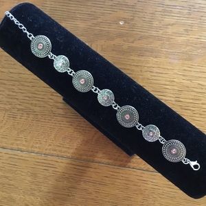 SILVER TONE MEDALLIONS BRACELET /PINK RHINESTONES